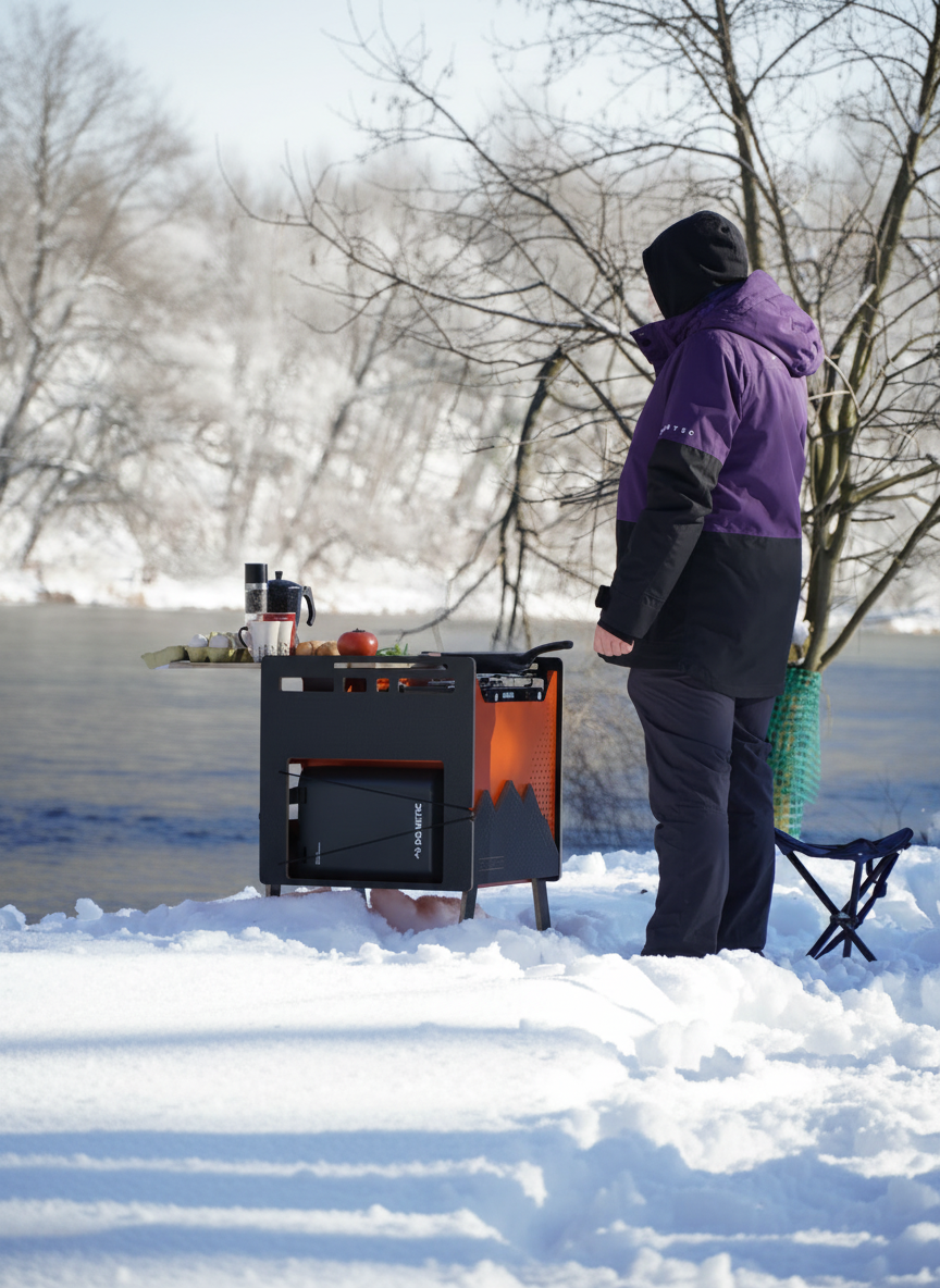 Balticamp kitchen with Dometic fridge in snow