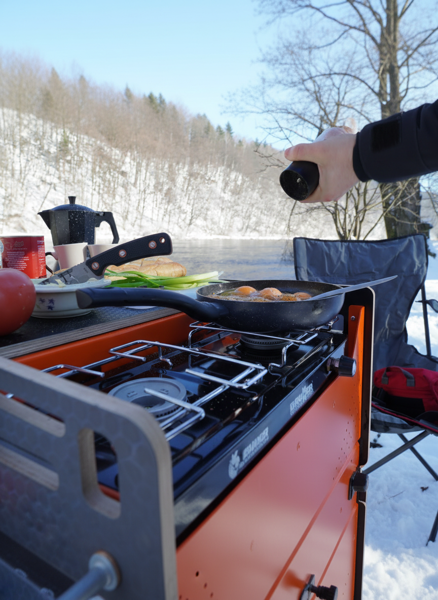 Cooking scrambled eggs on Balticamp kitchen